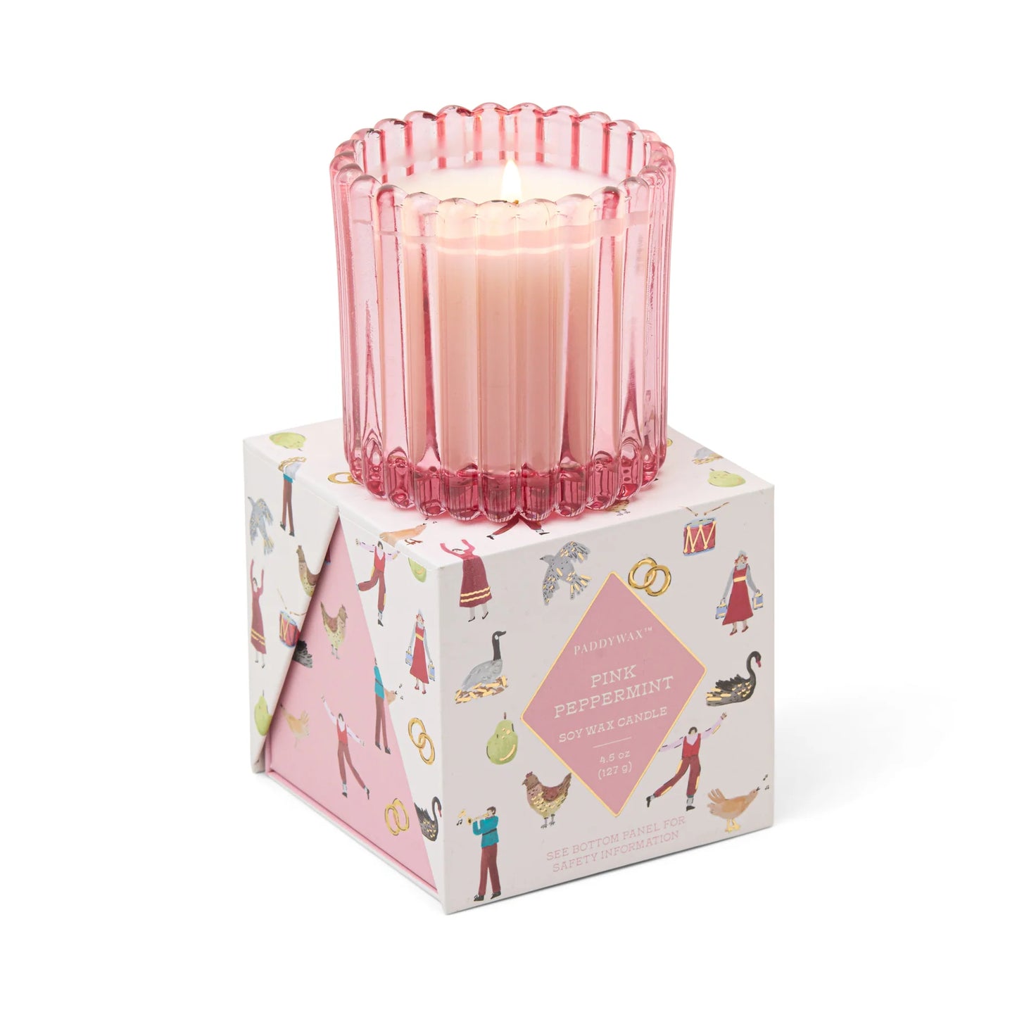 Christmas Ribbed Pink Glass Candle - Pink Peppermint