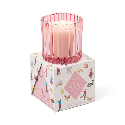 Christmas Ribbed Pink Glass Candle - Pink Peppermint