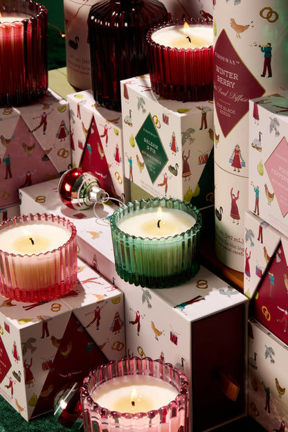 Christmas Ribbed Pink Glass Candle - Pink Peppermint