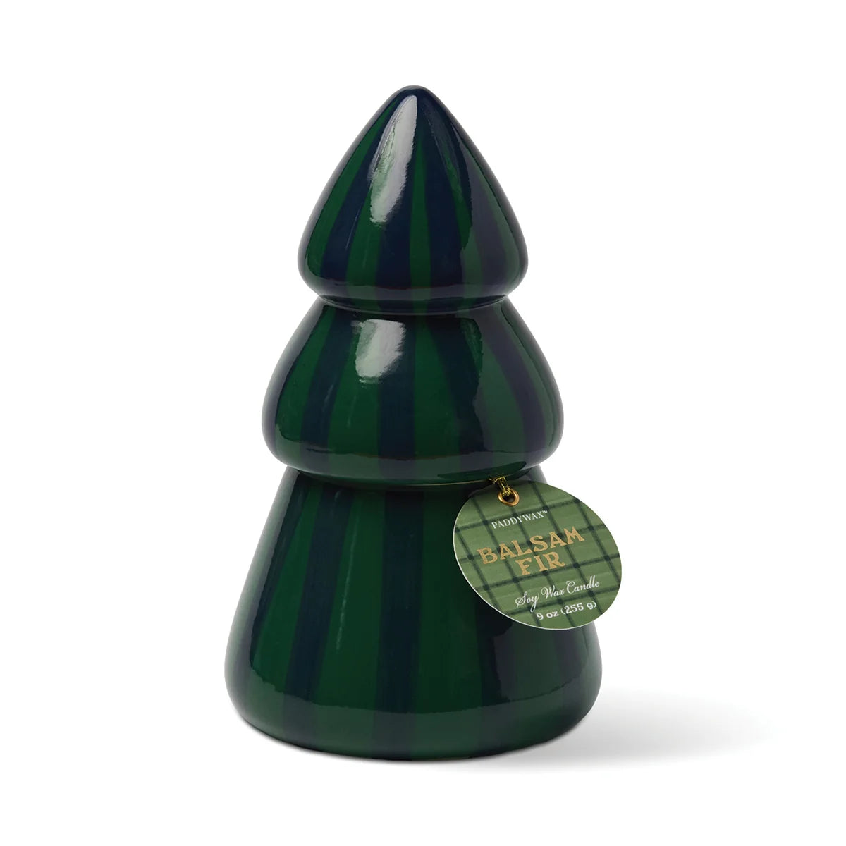 Cabana Christmas Green & Navy Striped Ceramic Tree Candle - Balsam Fir