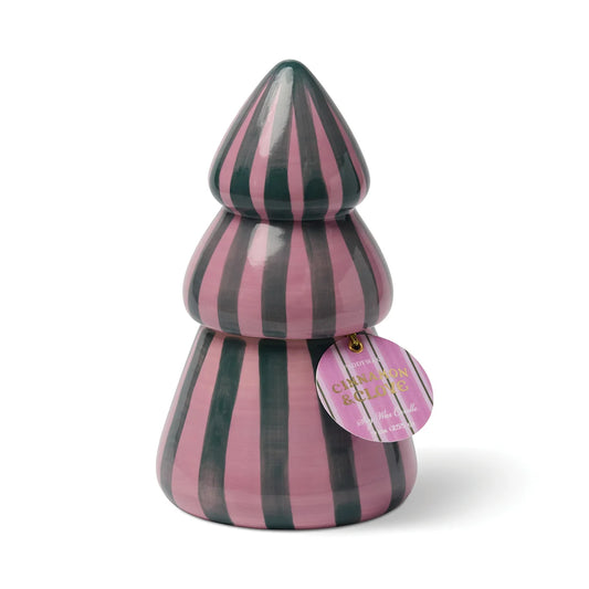 Cabana Christmas Pink & Green Striped Ceramic Tree Candle - Cinnamon & Clove