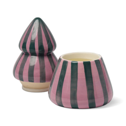 Cabana Christmas Pink & Green Striped Ceramic Tree Candle - Cinnamon & Clove