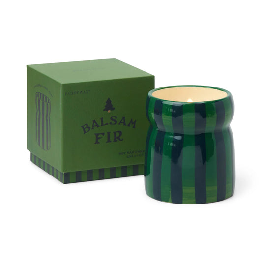 Cabana Green & Navy Striped Ceramic Candle - Balsam Fir