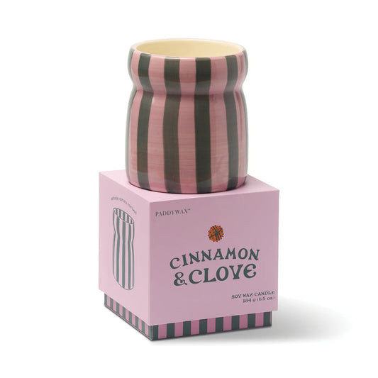 Cabana Pink & Green Striped Ceramic Candle - Cinnamon & Clove