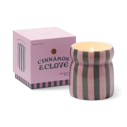 Cabana Pink & Green Striped Ceramic Candle - Cinnamon & Clove
