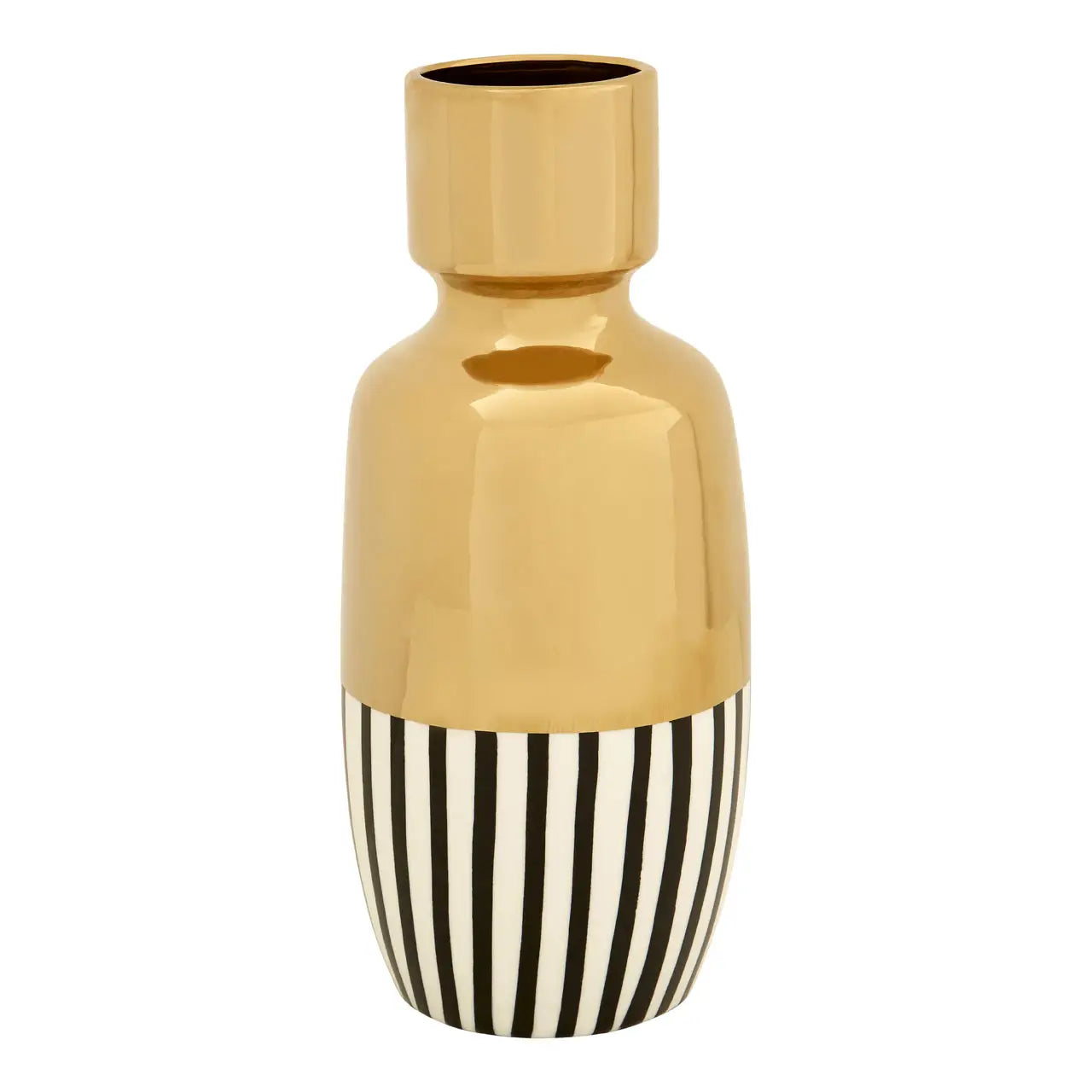 Large Black & White Striped Vase with Gold Top