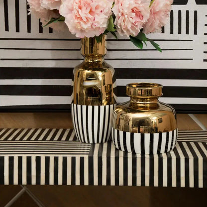 Large Black & White Striped Vase with Gold Top