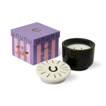Charmed Black Glass Candle with Horseshoe Lid - Tabac & Pine