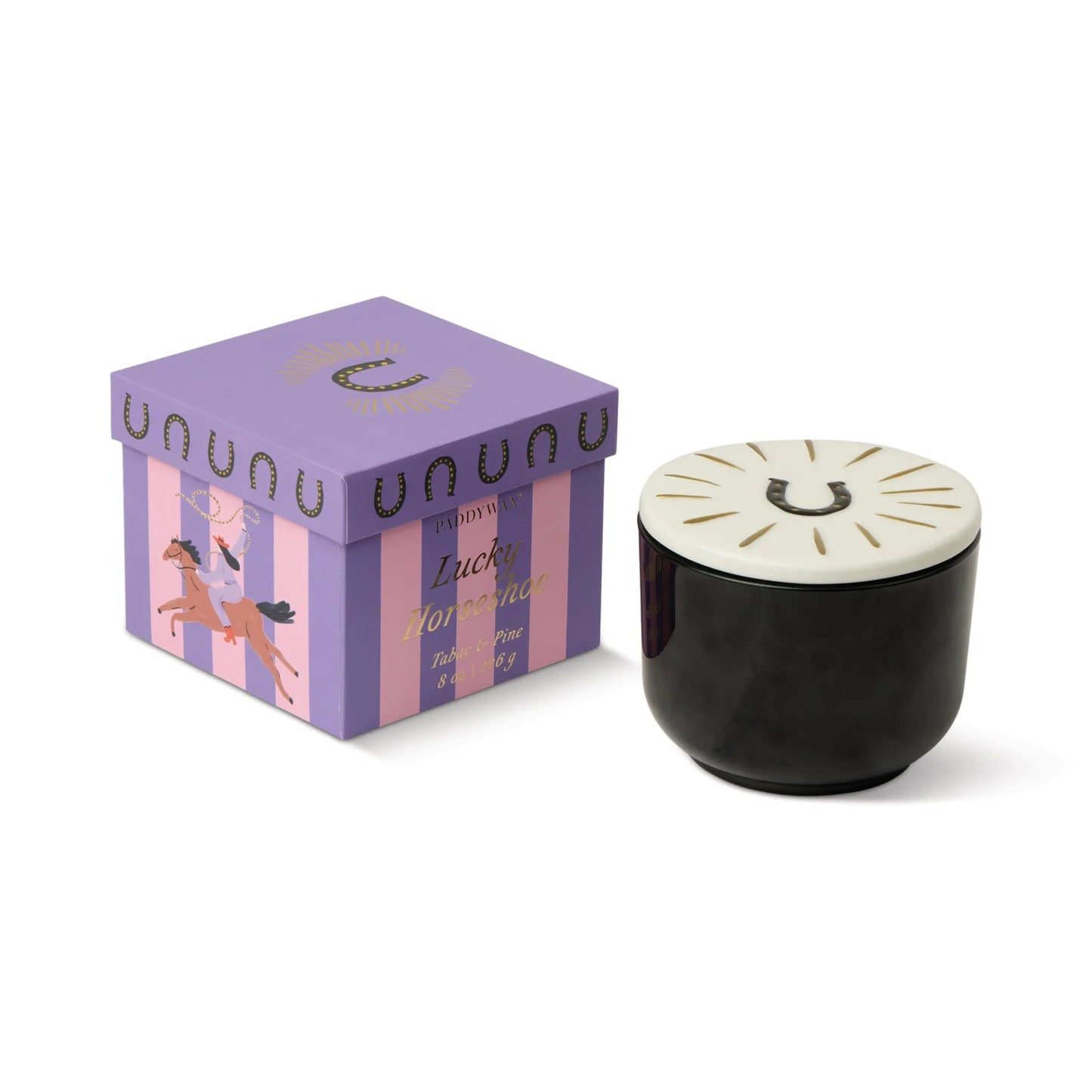 Charmed Black Glass Candle with Horseshoe Lid - Tabac & Pine