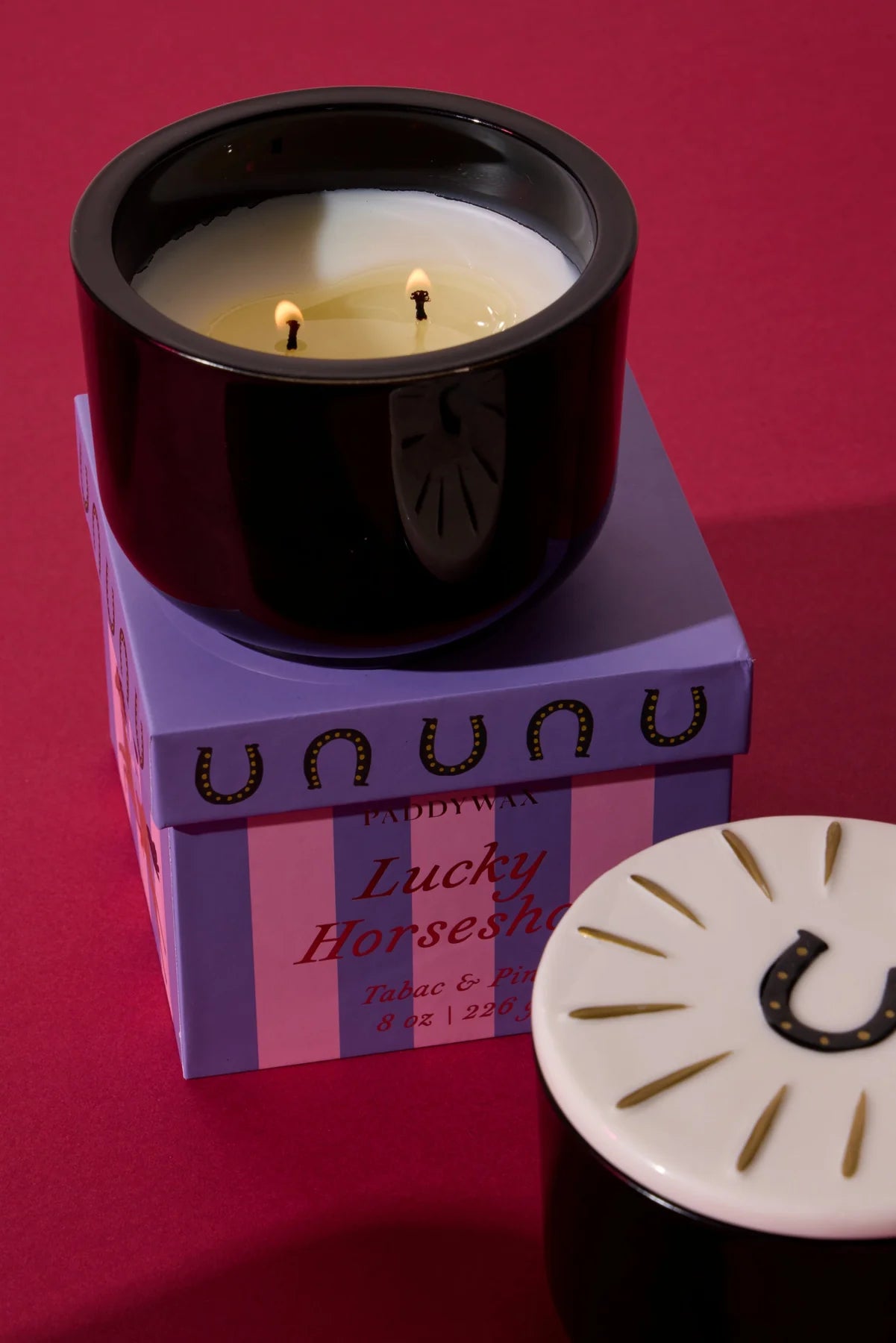 Charmed Black Glass Candle with Horseshoe Lid - Tabac & Pine