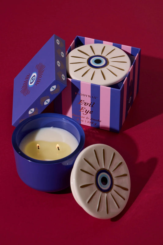 Charmed Blue Glass Candle with Evil Eye Ceramic - Incense & Smoke | Valentine’s Edition