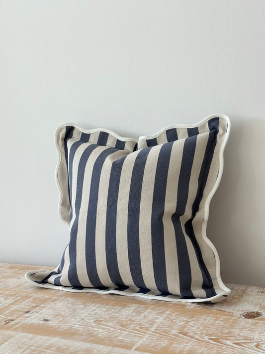 Navy Stripe Scalloped Edge Cushion
