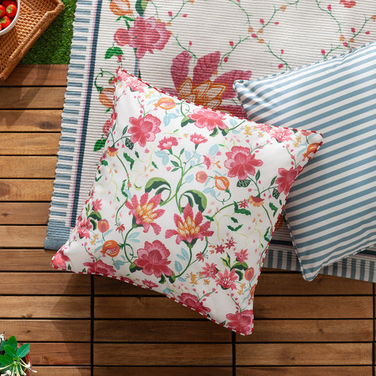 Floral Piped Outdoor Cushion - Candy Red