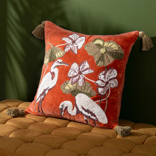 Coral Embroidered Crane Velvet Cushion