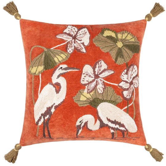 Coral Embroidered Crane Velvet Cushion