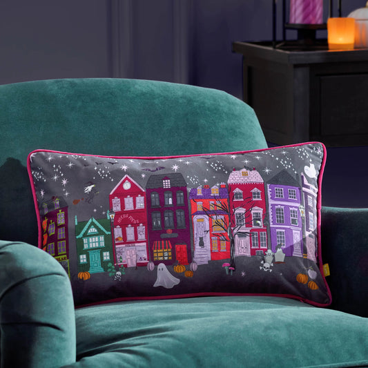 Black & Pink Velvet Halloween Piped Cushion