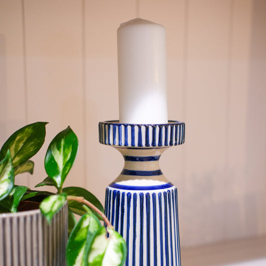 Blue and Cream Stripe Candle Holder