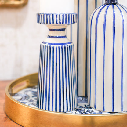 Blue and Cream Stripe Candle Holder