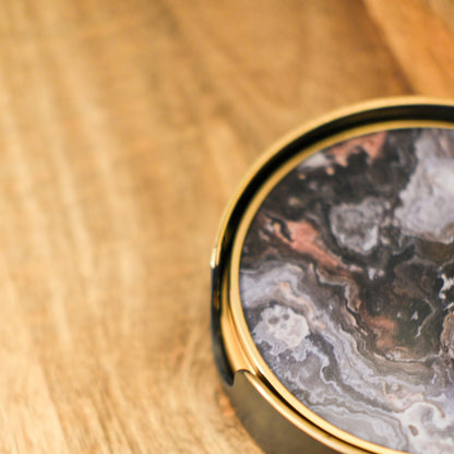 Set of 4 Black Marble Effect Coasters with Holder