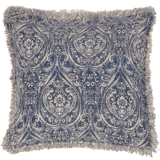 Damask Fringed Cushion Delph Blue