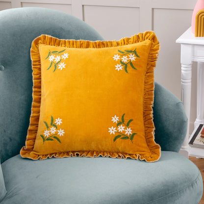 Daisy Frill Embroidered Velvet Cushion - Gold