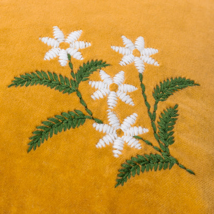 Daisy Frill Embroidered Velvet Cushion - Gold