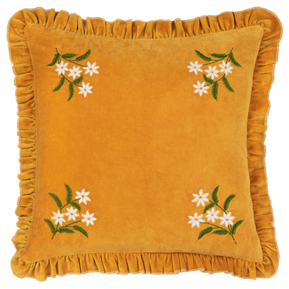 Daisy Frill Embroidered Velvet Cushion - Gold