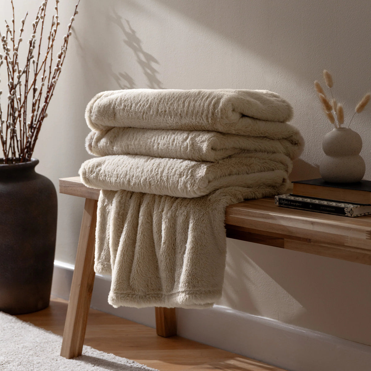 Double Sided Faux-Fur Throw - Natural