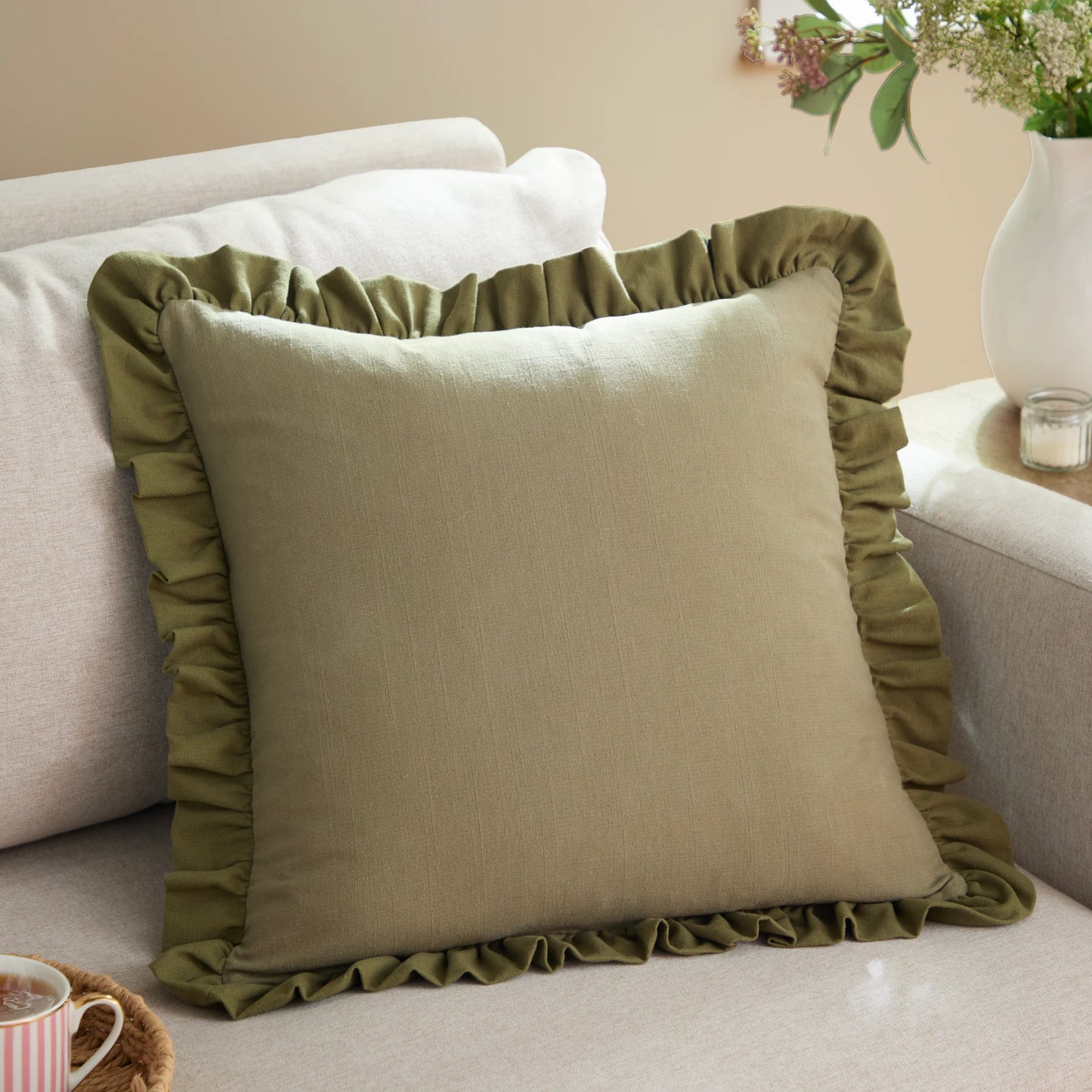 Effie 100% Cotton Ruffle Cushion - Sage Green