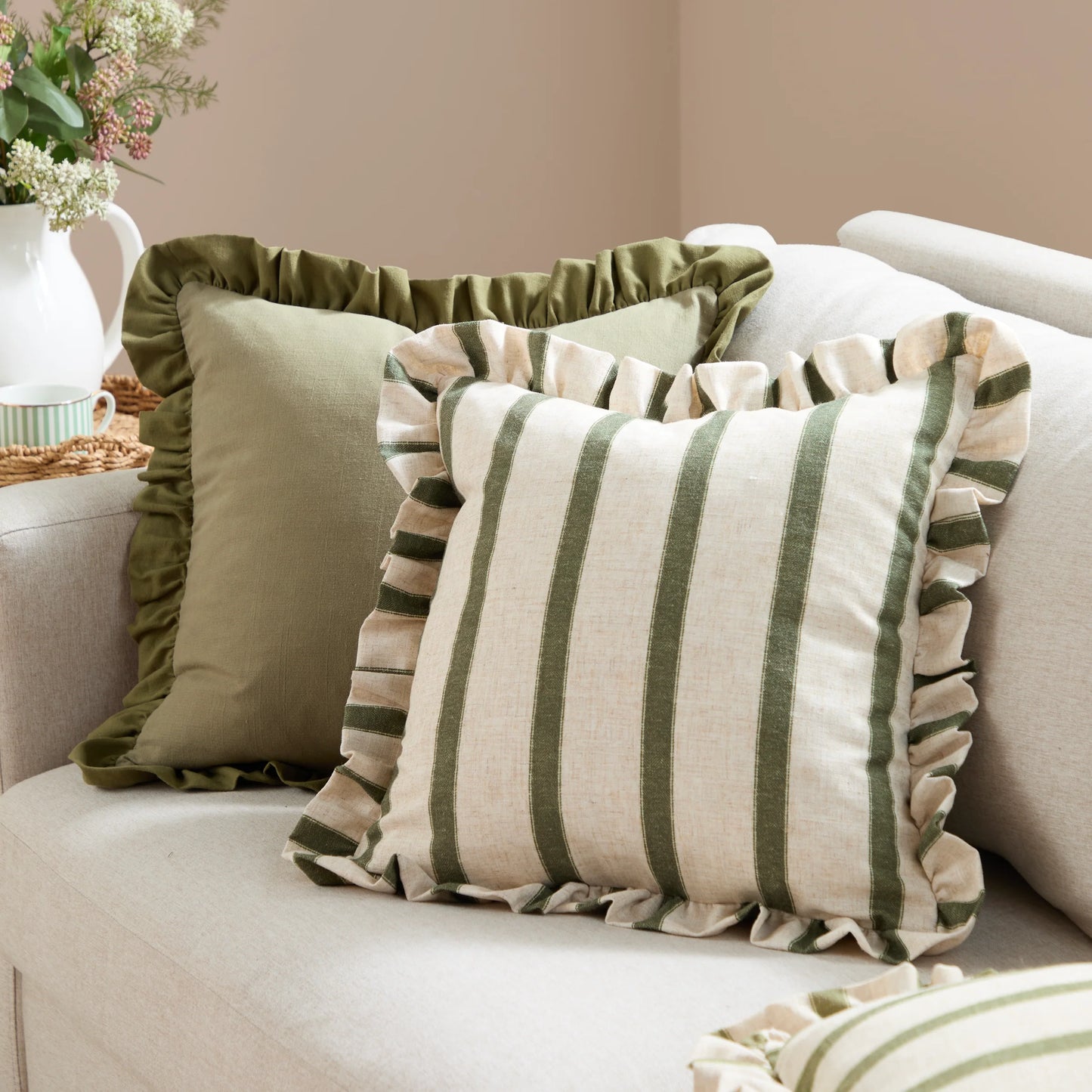 Effie 100% Cotton Ruffle Cushion - Sage Green