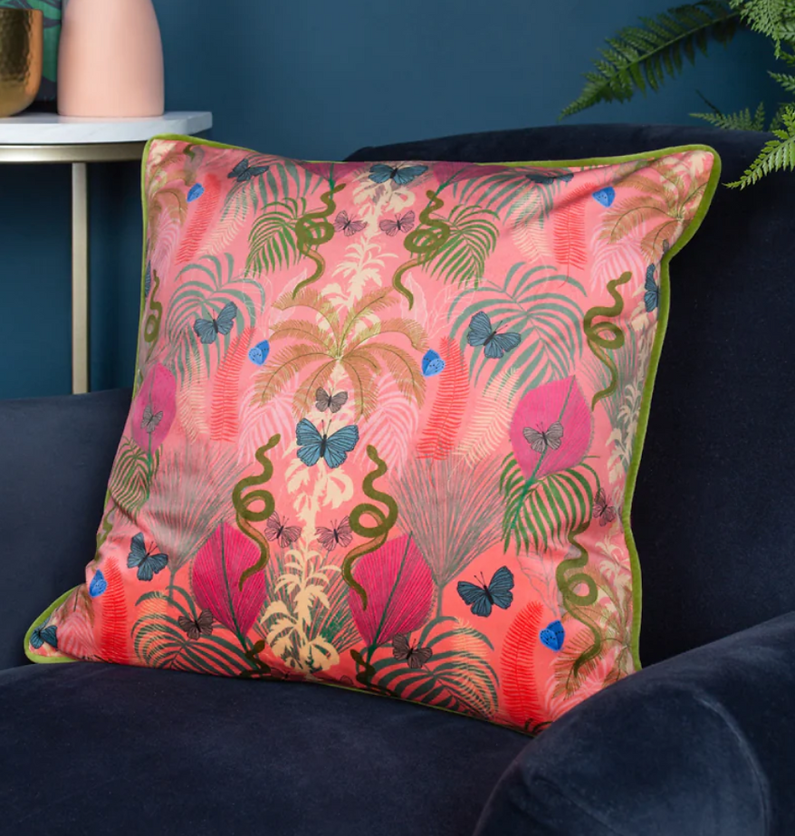 Exotic Canopy Illustrated Velvet Cushion in Coral Pink by Kate Merritt