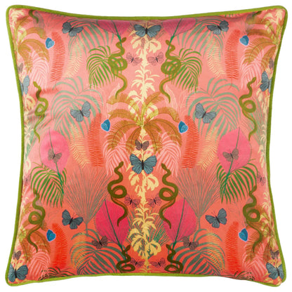 Exotic Canopy Illustrated Velvet Cushion in Coral Pink by Kate Merritt