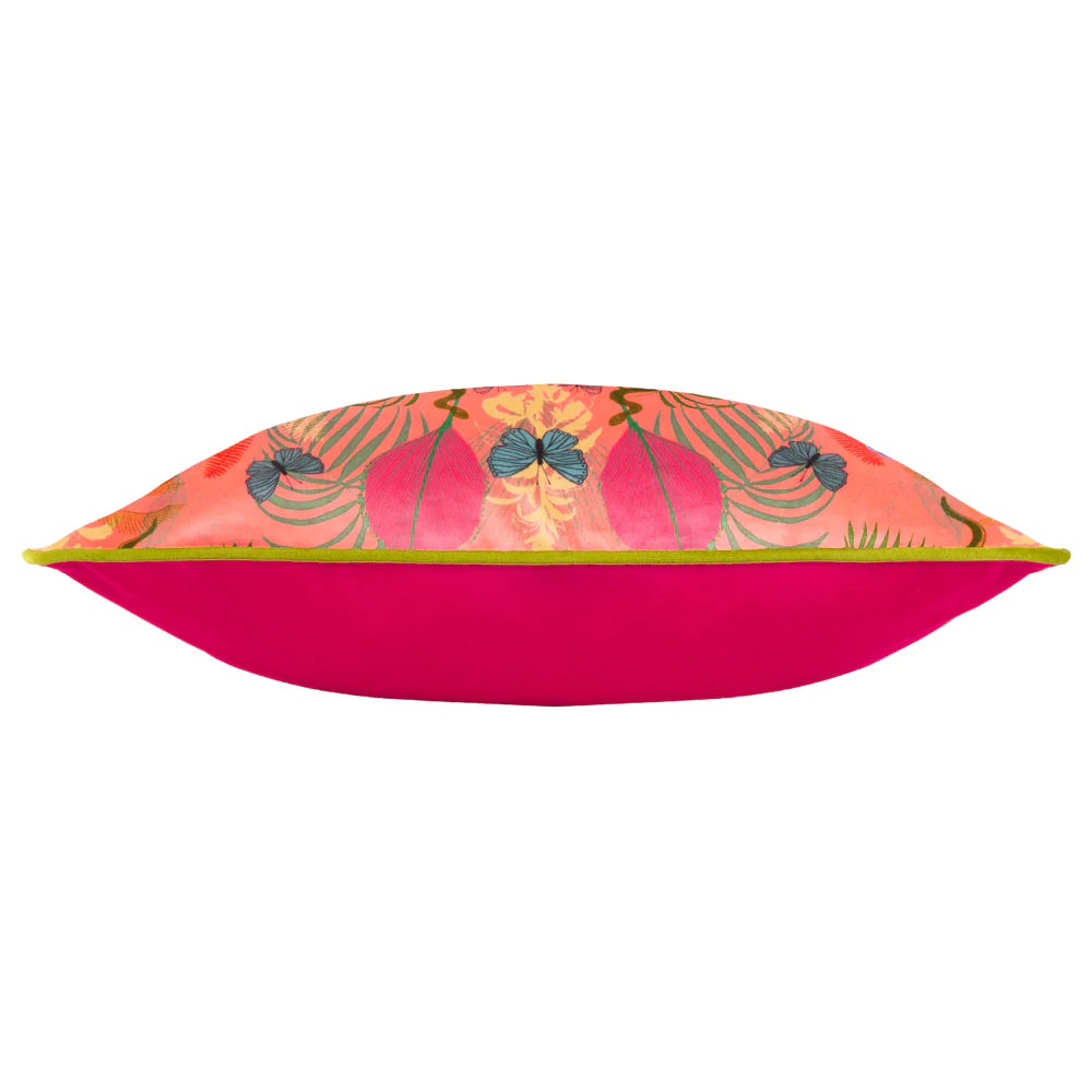 Exotic Canopy Illustrated Velvet Cushion in Coral Pink by Kate Merritt