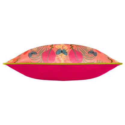 Exotic Canopy Illustrated Velvet Cushion in Coral Pink by Kate Merritt