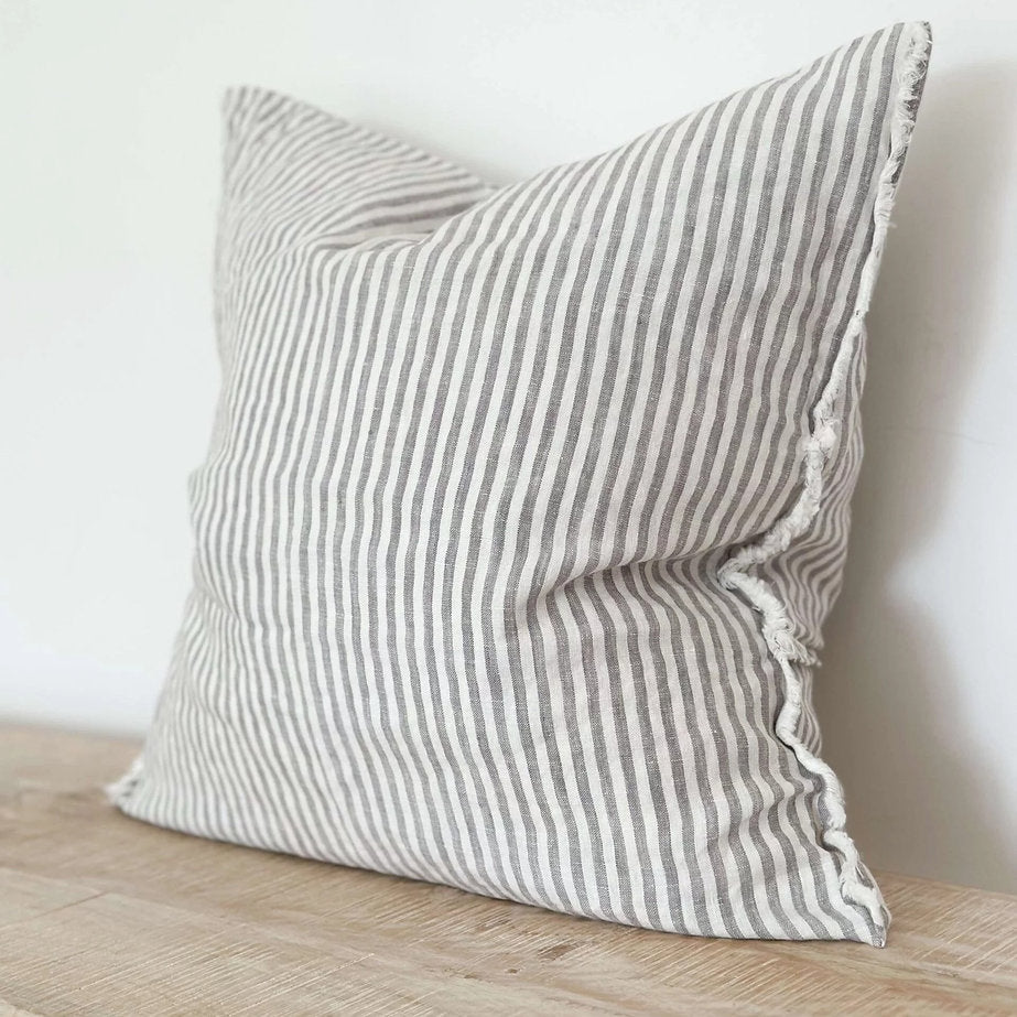 Frayed Edge Grey Stripe Linen Cushion