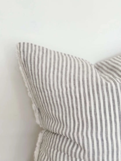 Frayed Edge Grey Stripe Linen Cushion