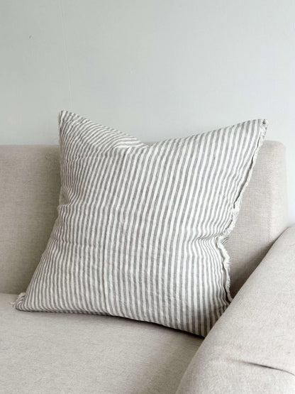 Frayed Edge Grey Stripe Linen Cushion