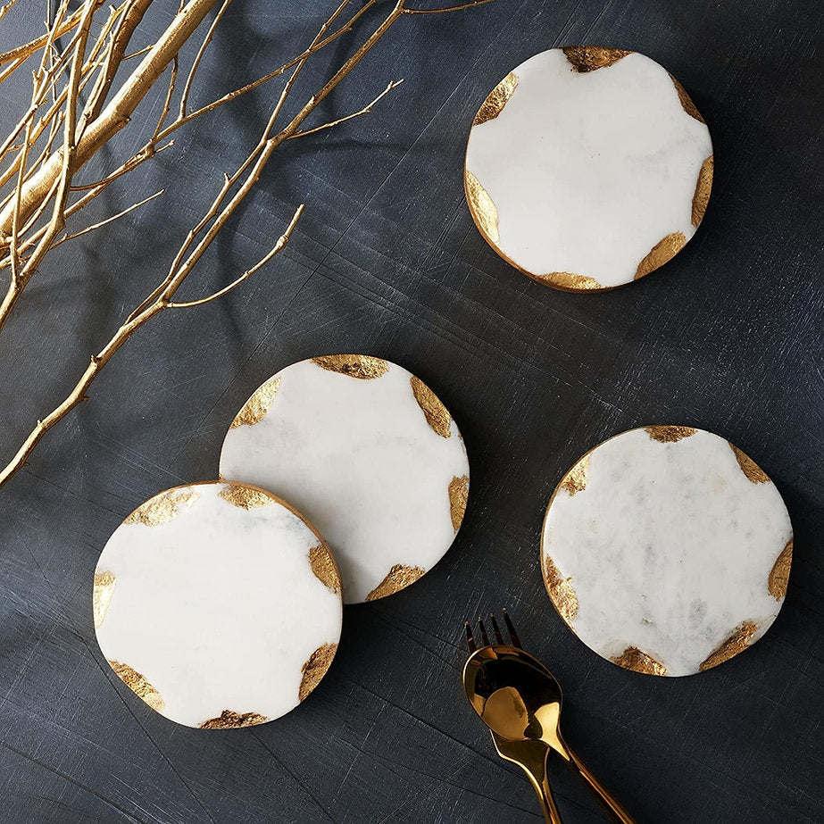 Gold Edged Round Marble Coasters - Set of 4