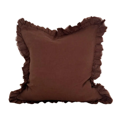 Dark Brown Ruffled Linen Cushion