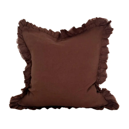 Dark Brown Ruffled Linen Cushion
