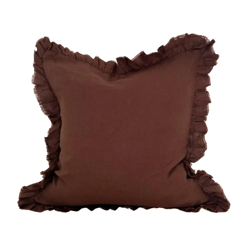 Large Dark Brown Ruffle Linen Cushion