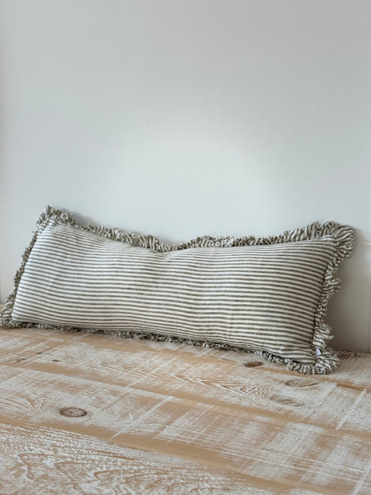 Hallie Olive Stripe Ruffle Linen Bolster Cushion