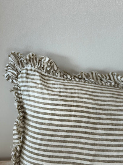 Hallie Olive Stripe Ruffle Linen Bolster Cushion