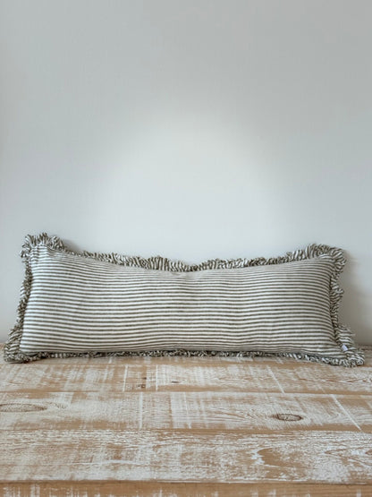 Hallie Olive Stripe Ruffle Linen Bolster Cushion