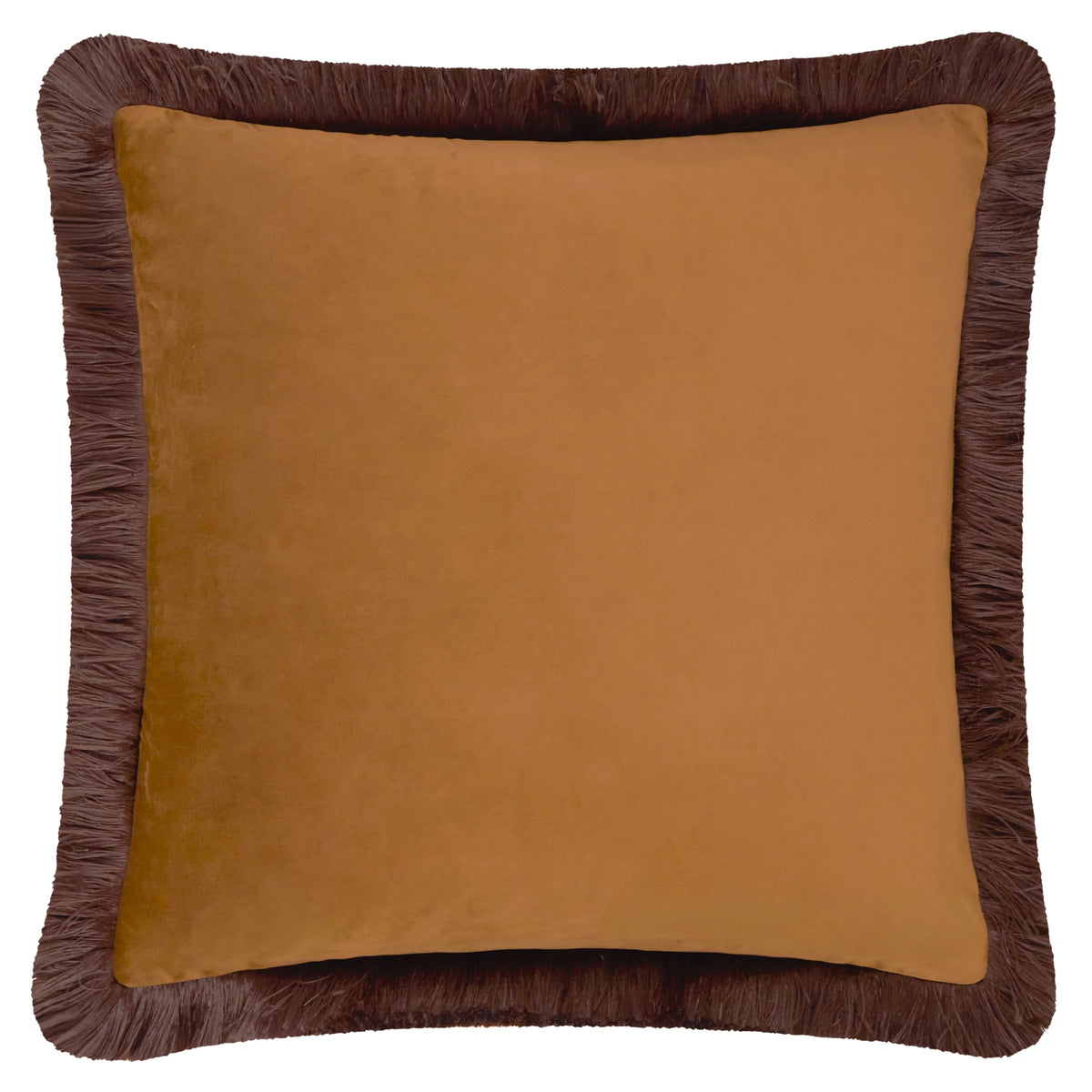 Halo Fringed Velvet Cushion - Caramel & Chocolate