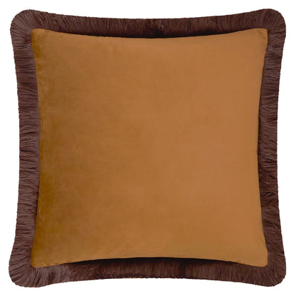 Halo Fringed Velvet Cushion - Caramel & Chocolate