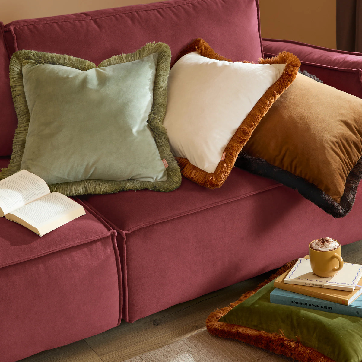 Halo Fringed Velvet Cushion - Caramel & Chocolate