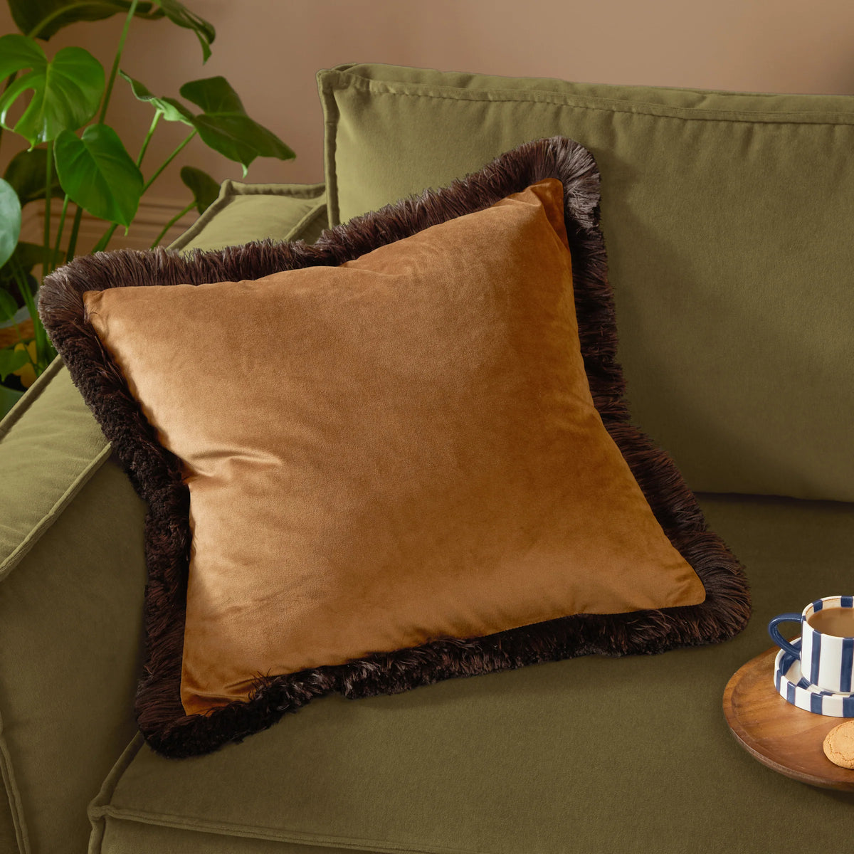 Halo Fringed Velvet Cushion - Caramel & Chocolate