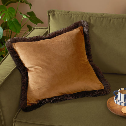 Halo Fringed Velvet Cushion - Caramel & Chocolate