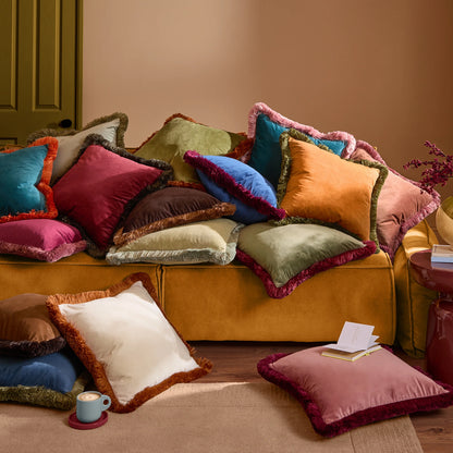 Halo Fringed Velvet Cushion - Caramel & Chocolate
